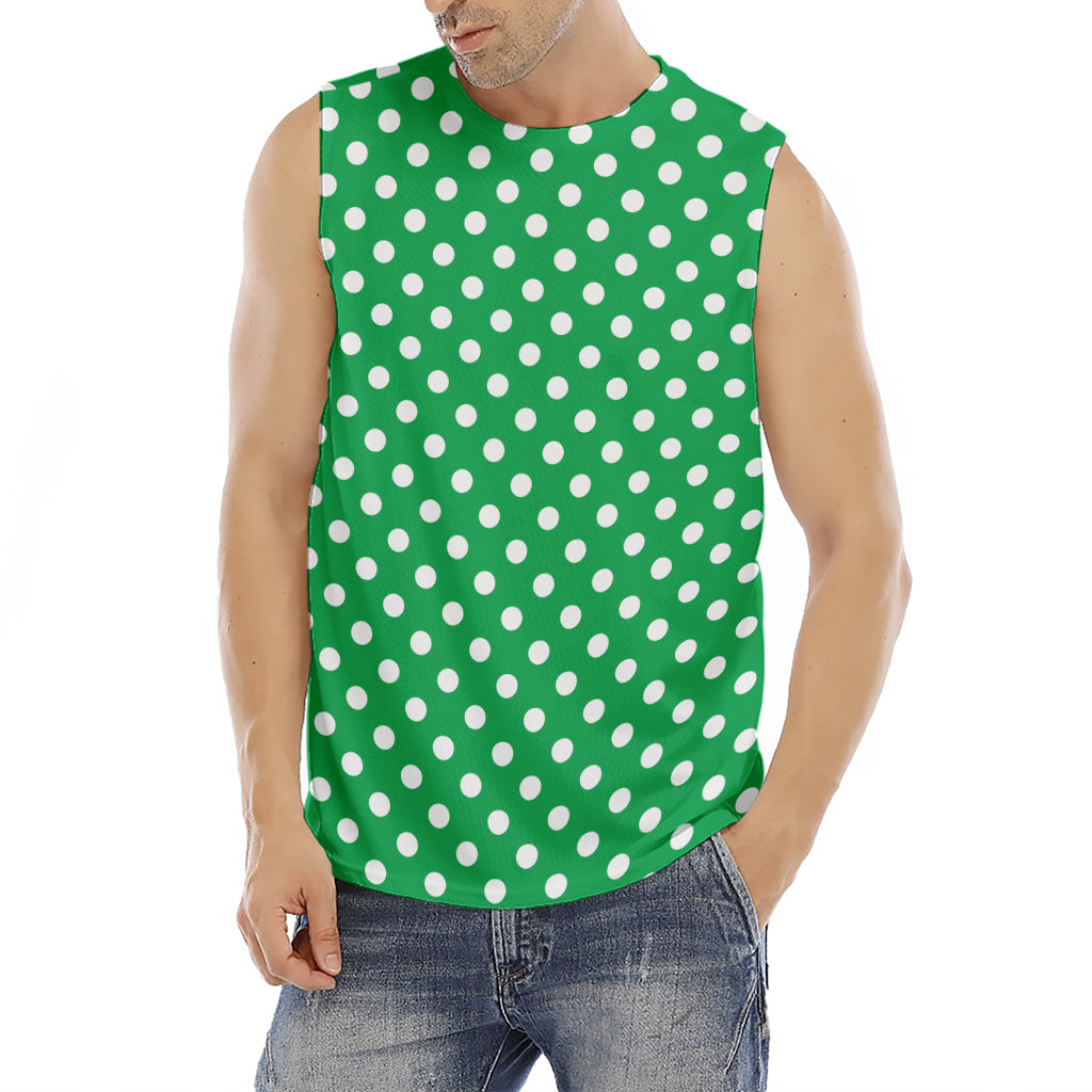Green And White Polka Dot Pattern Print Men's Fitness Tank Top