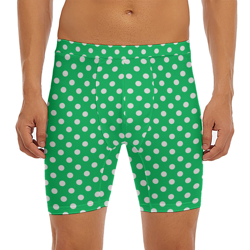 Green And White Polka Dot Pattern Print Men's Long Boxer Briefs