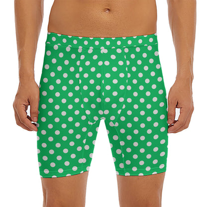 Green And White Polka Dot Pattern Print Men's Long Boxer Briefs