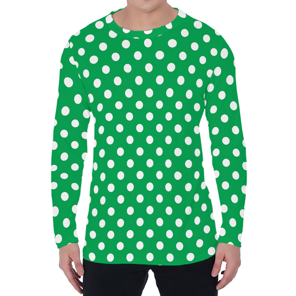 Green And White Polka Dot Pattern Print Men's Long Sleeve T-Shirt
