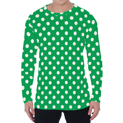 Green And White Polka Dot Pattern Print Men's Long Sleeve T-Shirt