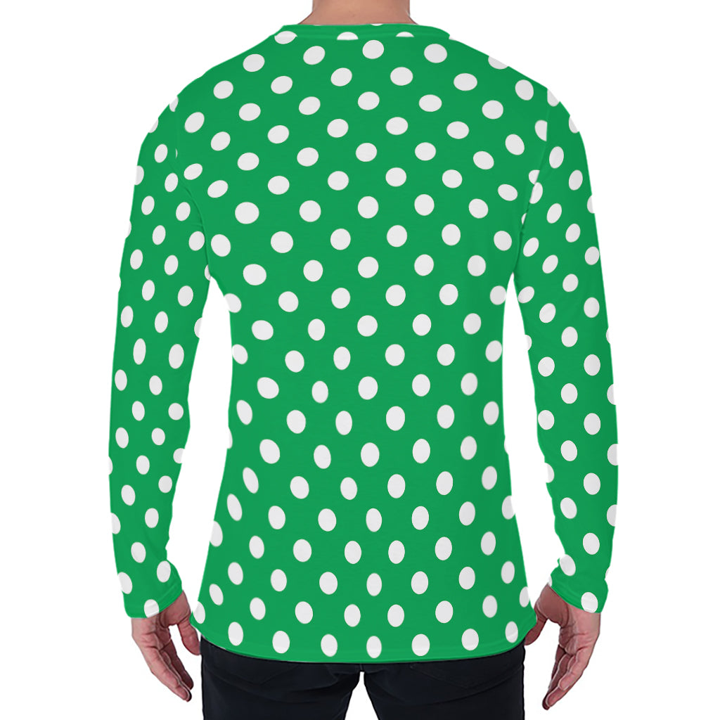 Green And White Polka Dot Pattern Print Men's Long Sleeve T-Shirt