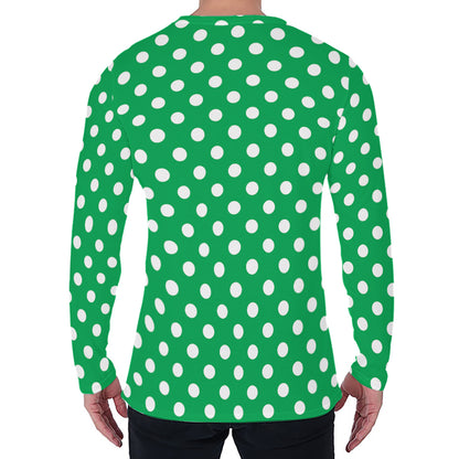 Green And White Polka Dot Pattern Print Men's Long Sleeve T-Shirt