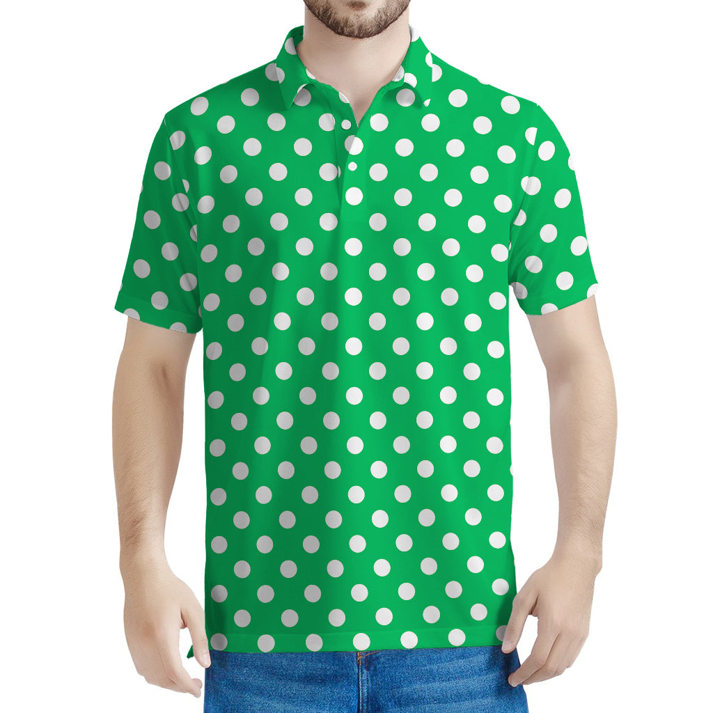 Green And White Polka Dot Pattern Print Men's Polo Shirt