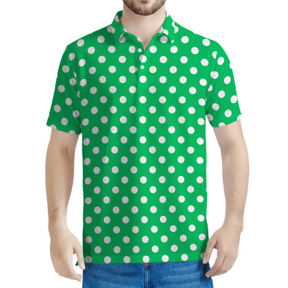 Green And White Polka Dot Pattern Print Men's Polo Shirt