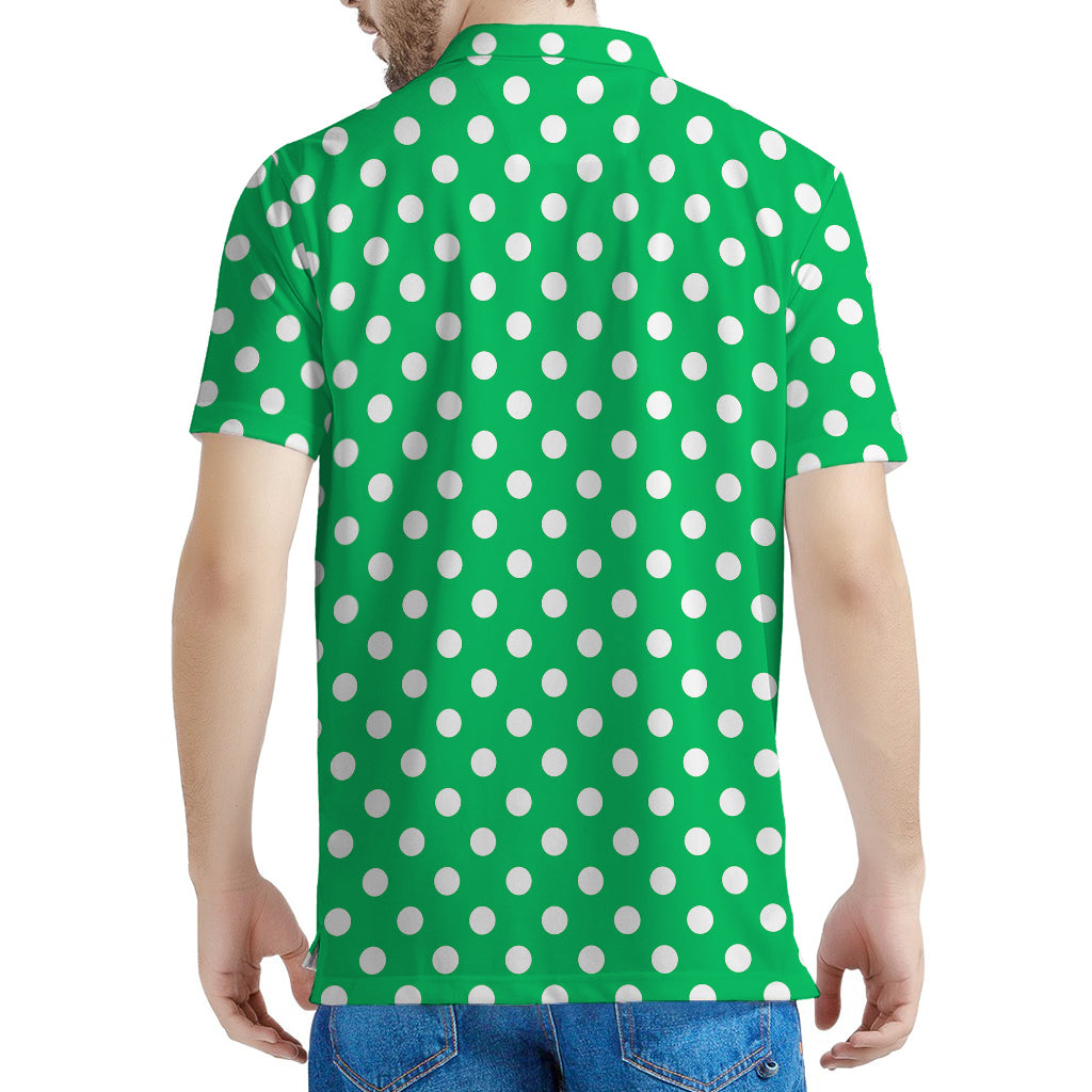 Green And White Polka Dot Pattern Print Men's Polo Shirt