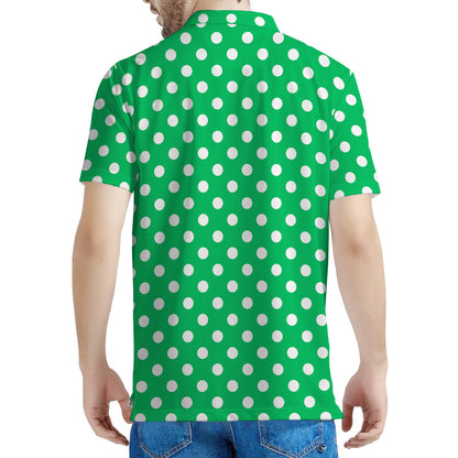Green And White Polka Dot Pattern Print Men's Polo Shirt