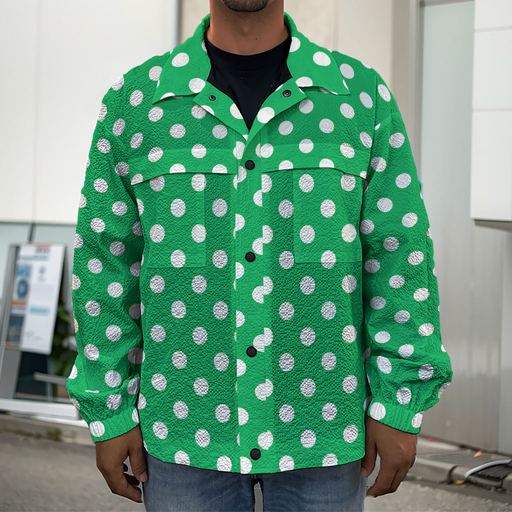 Green And White Polka Dot Pattern Print Men's Shirt Jacket