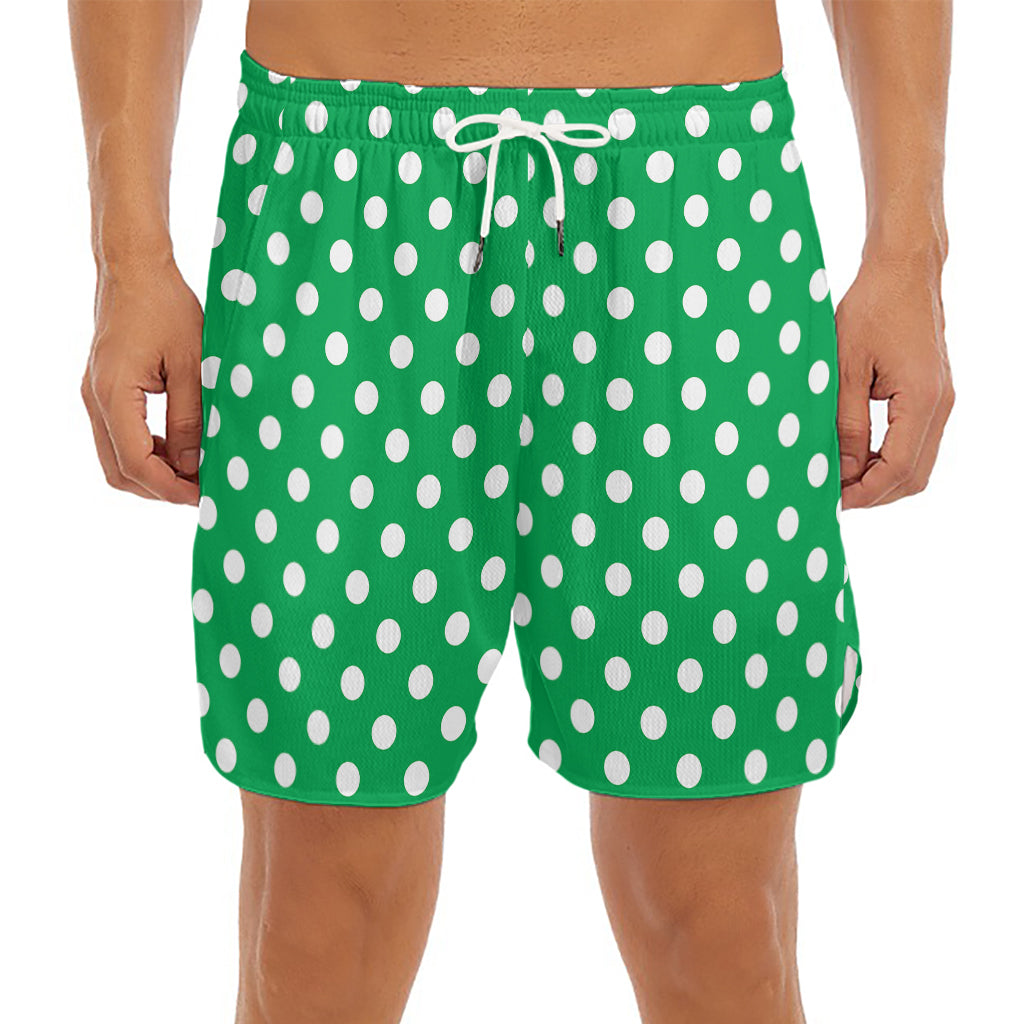 Green And White Polka Dot Pattern Print Men's Split Running Shorts