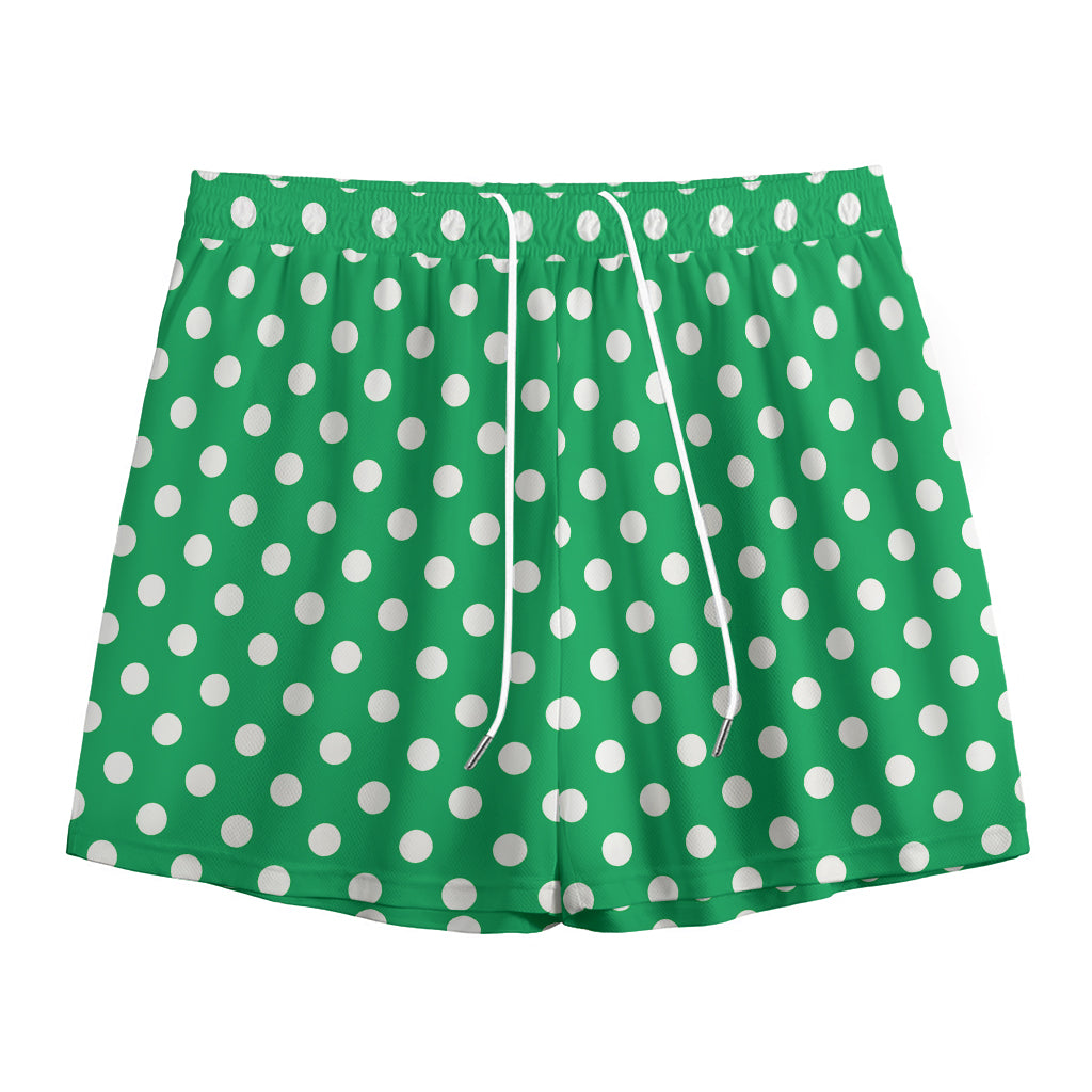 Green And White Polka Dot Pattern Print Mesh Shorts