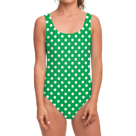 Green And White Polka Dot Pattern Print One Piece Swimsuit