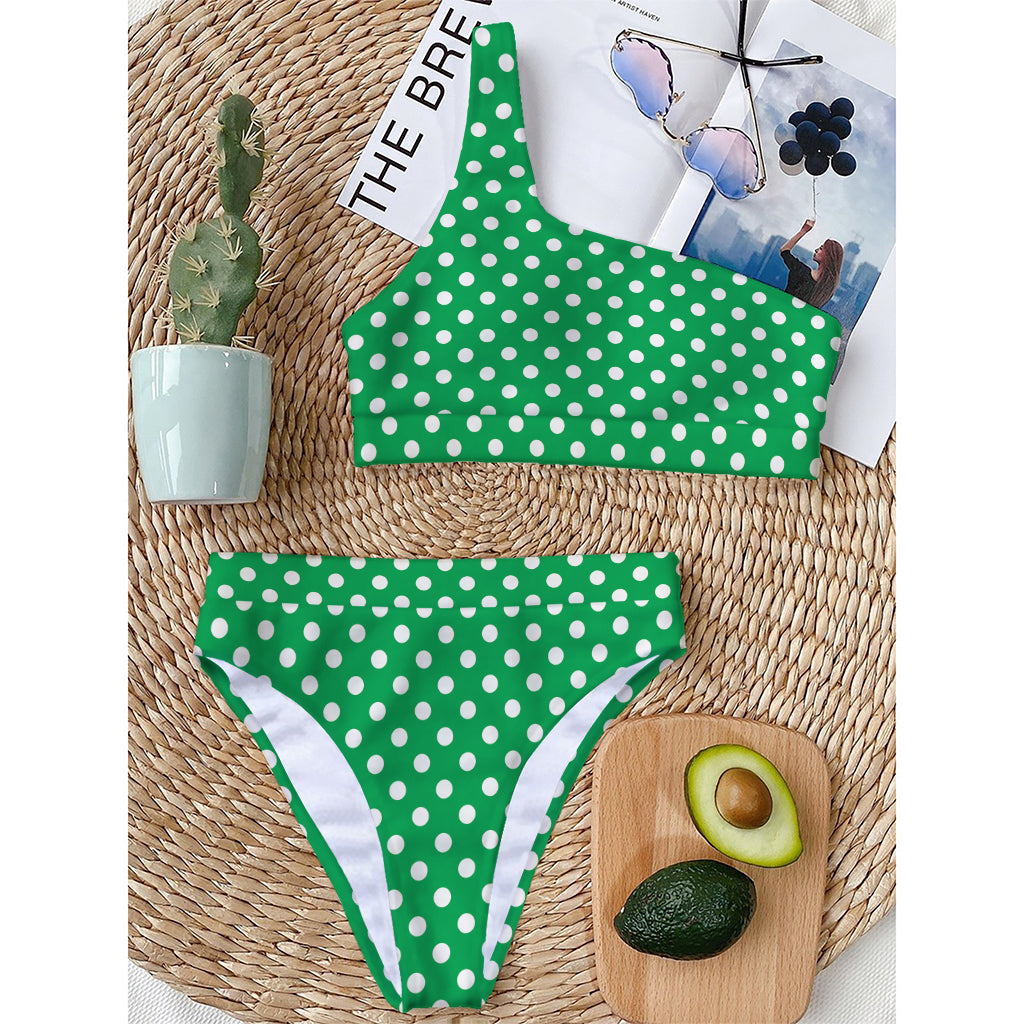 Green And White Polka Dot Pattern Print One Shoulder Bikini Top