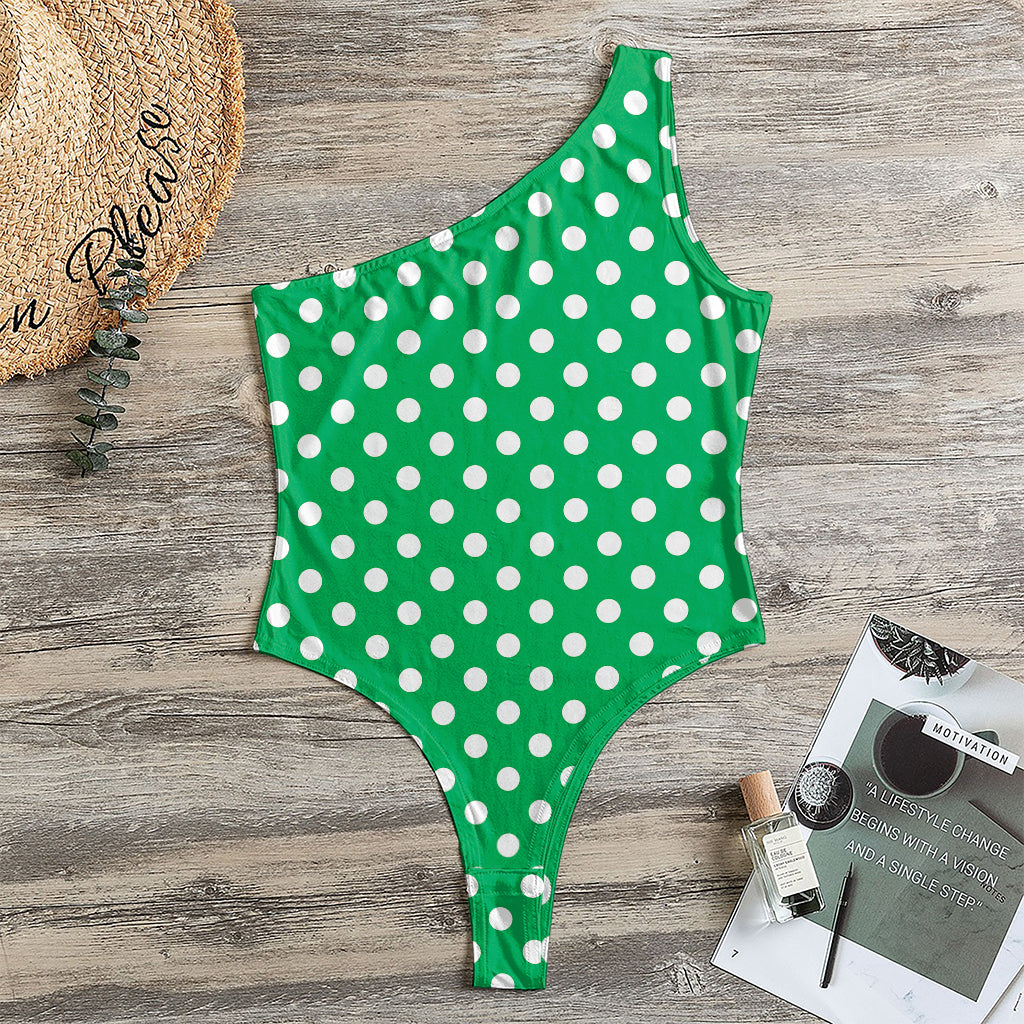 Green And White Polka Dot Pattern Print One Shoulder Bodysuit