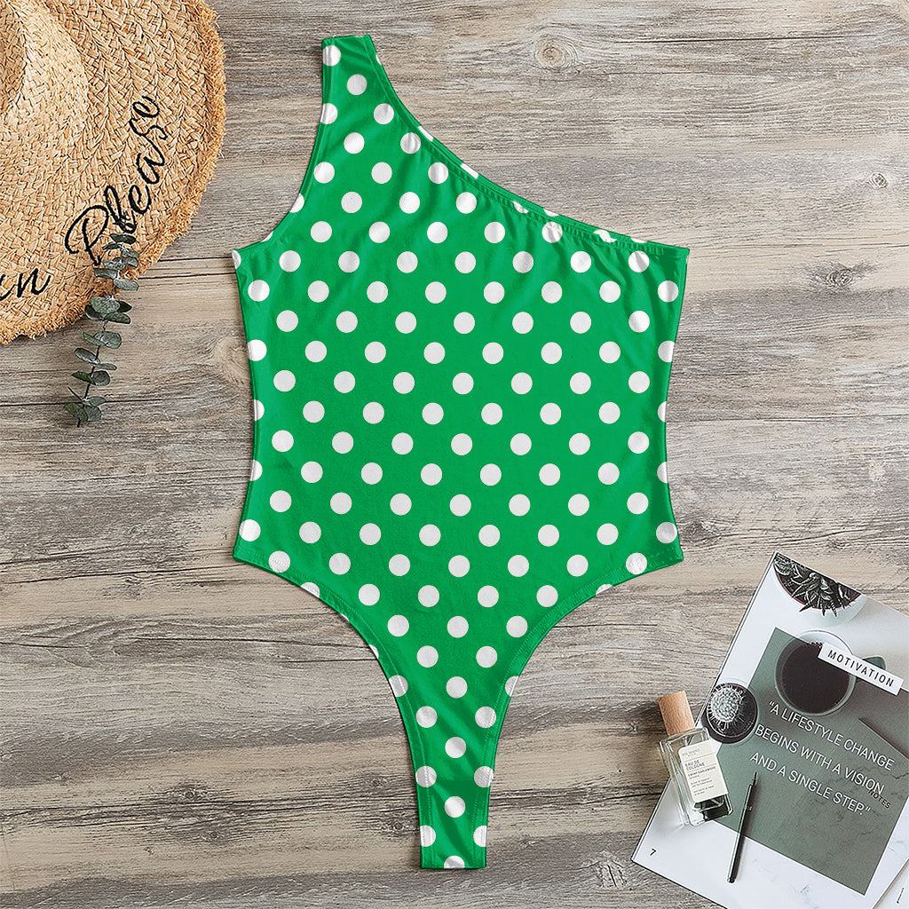 Green And White Polka Dot Pattern Print One Shoulder Bodysuit