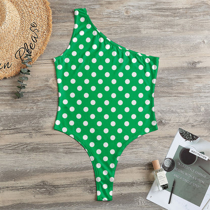 Green And White Polka Dot Pattern Print One Shoulder Bodysuit