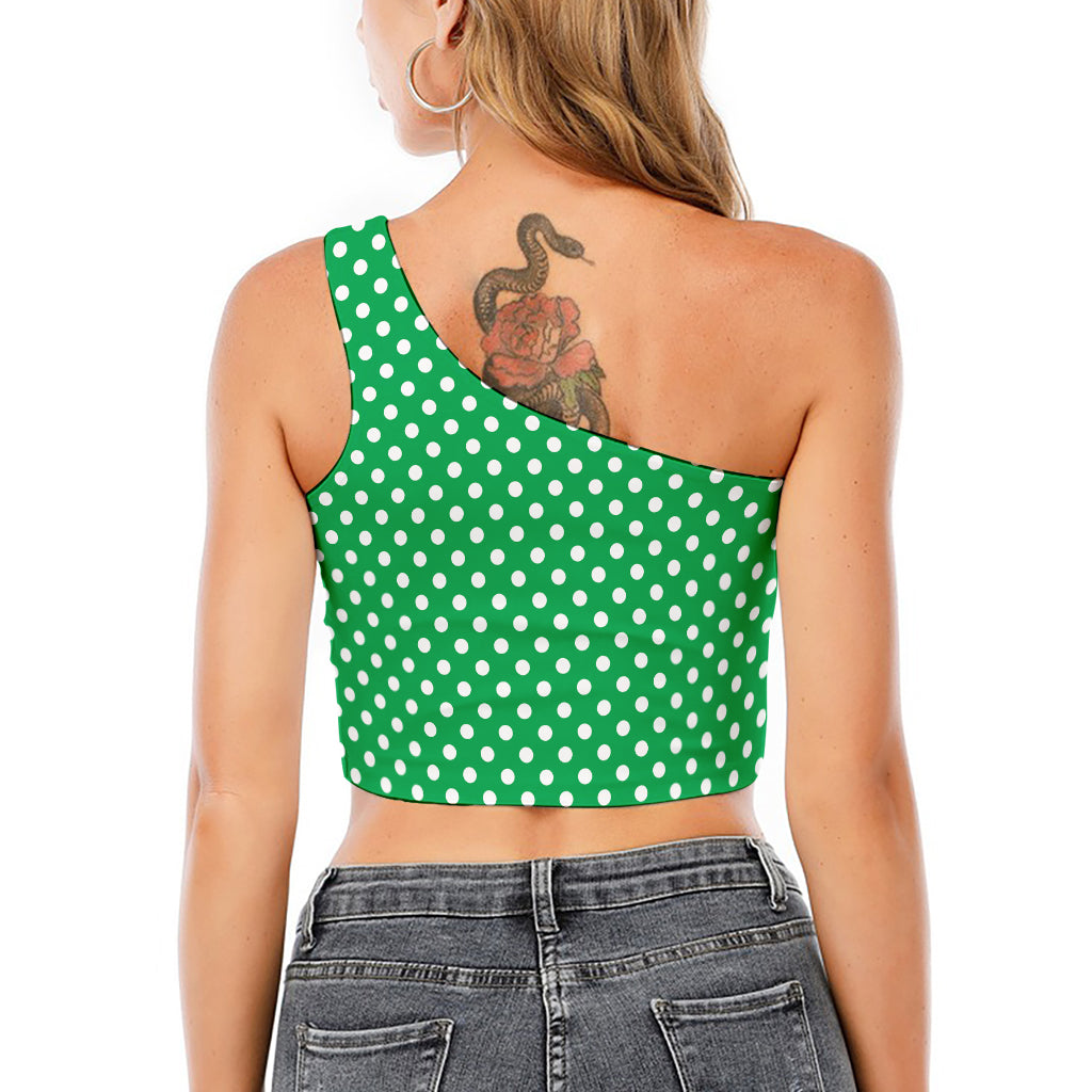 Green And White Polka Dot Pattern Print One Shoulder Crop Top
