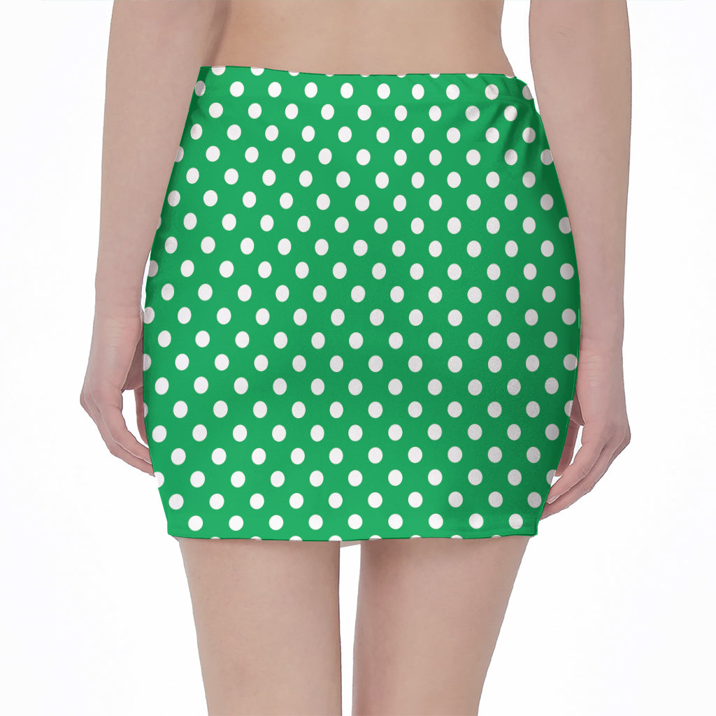 Green And White Polka Dot Pattern Print Pencil Mini Skirt
