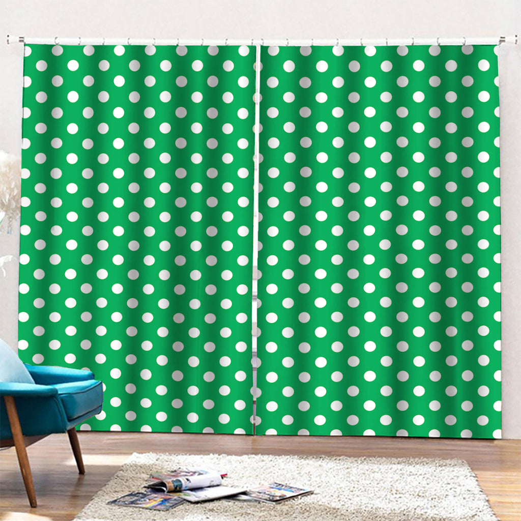 Green And White Polka Dot Pattern Print Pencil Pleat Curtains