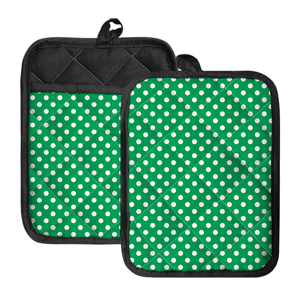 Green And White Polka Dot Pattern Print Pot Holders With Pocket
