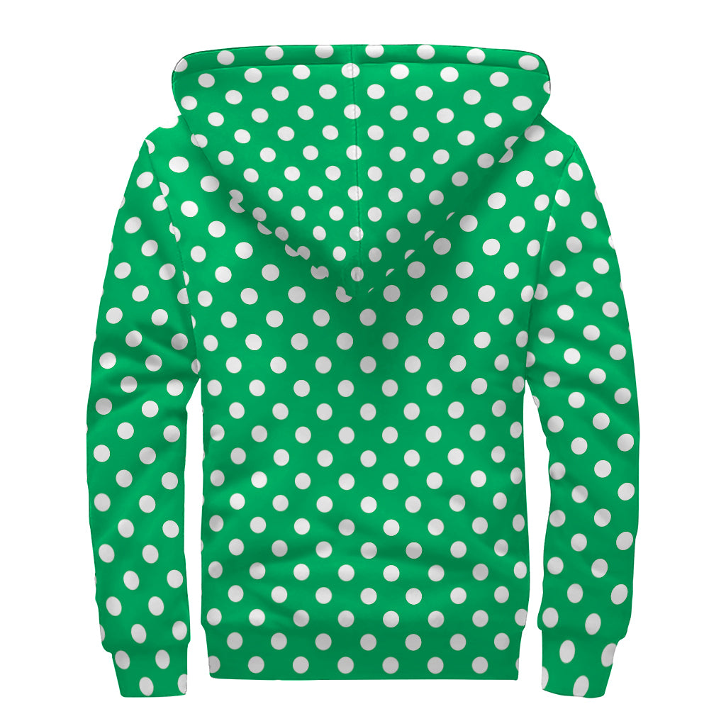 Green And White Polka Dot Pattern Print Sherpa Lined Zip Up Hoodie