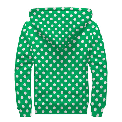 Green And White Polka Dot Pattern Print Sherpa Lined Zip Up Hoodie