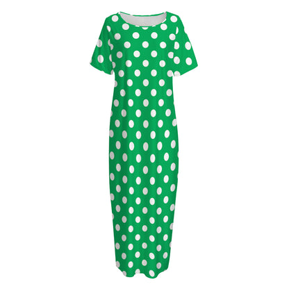 Green And White Polka Dot Pattern Print Short Sleeve Long Nightdress