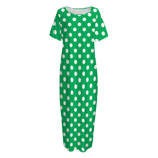 Green And White Polka Dot Pattern Print Short Sleeve Long Nightdress