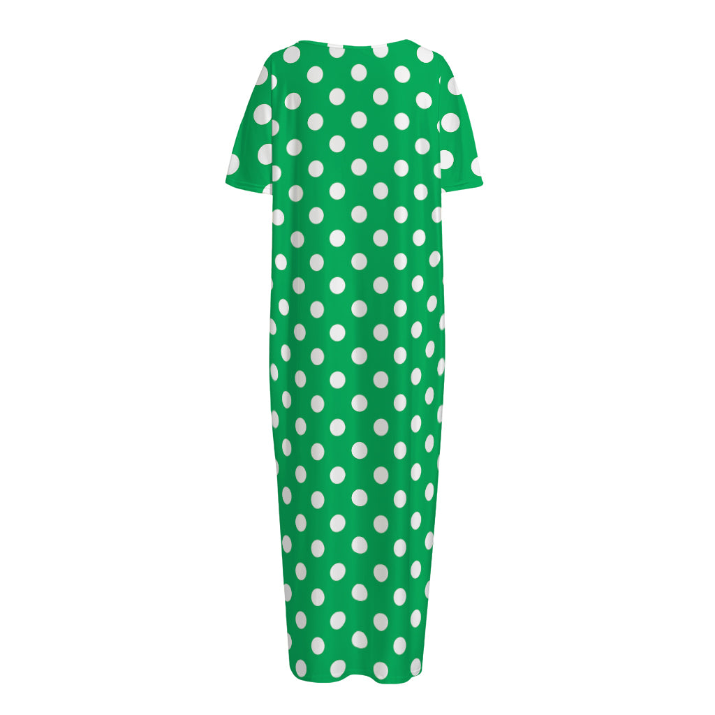 Green And White Polka Dot Pattern Print Short Sleeve Long Nightdress