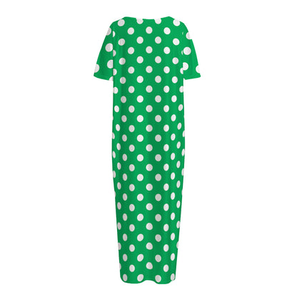 Green And White Polka Dot Pattern Print Short Sleeve Long Nightdress