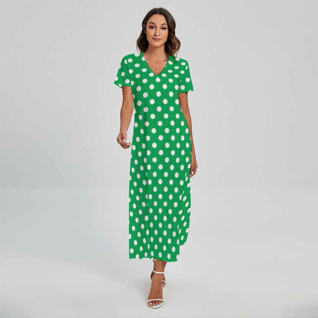 Green And White Polka Dot Pattern Print Short Sleeve Maxi Dress