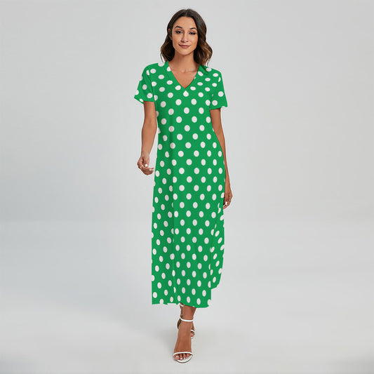 Green And White Polka Dot Pattern Print Short Sleeve Maxi Dress