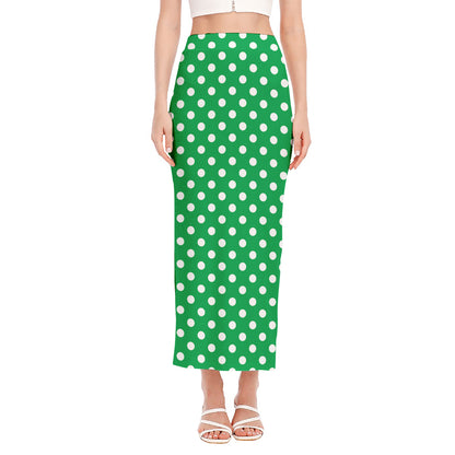 Green And White Polka Dot Pattern Print Side Slit Maxi Skirt