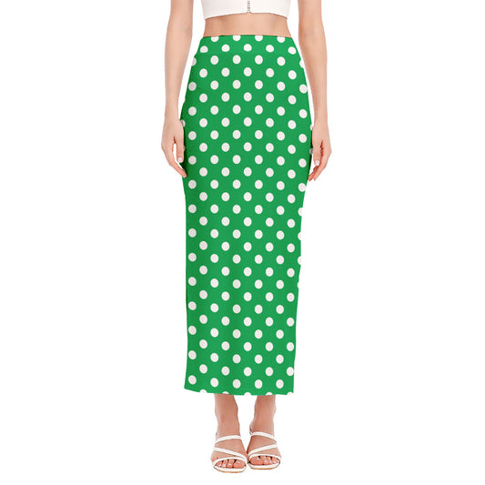 Green And White Polka Dot Pattern Print Side Slit Maxi Skirt
