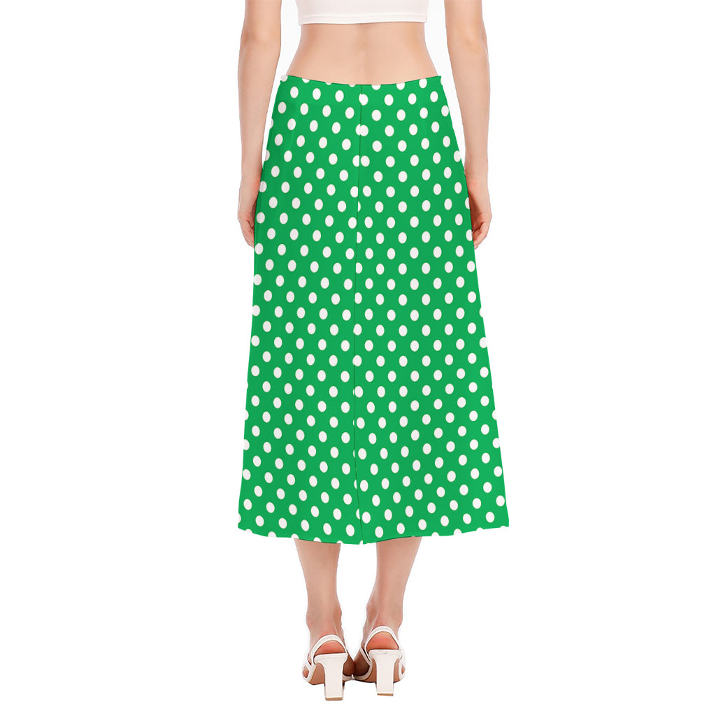 Green And White Polka Dot Pattern Print Side Slit Midi Skirt
