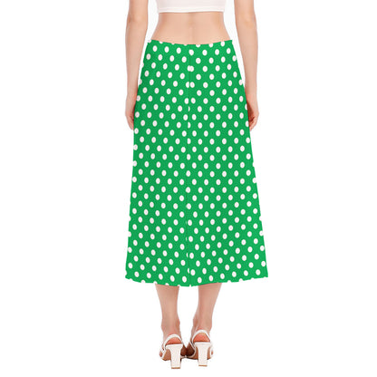Green And White Polka Dot Pattern Print Side Slit Midi Skirt