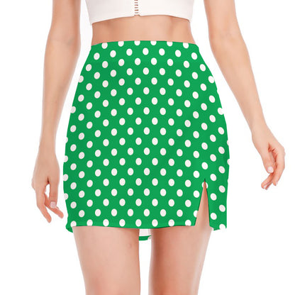 Green And White Polka Dot Pattern Print Side Slit Mini Skirt