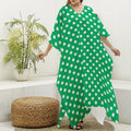 Green And White Polka Dot Pattern Print Silk V-Neck Kaftan Dress