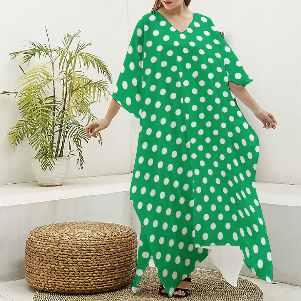 Green And White Polka Dot Pattern Print Silk V-Neck Kaftan Dress