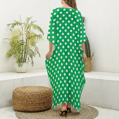 Green And White Polka Dot Pattern Print Silk V-Neck Kaftan Dress