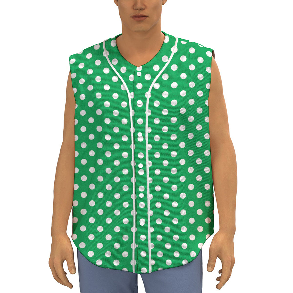 Green And White Polka Dot Pattern Print Sleeveless Baseball Jersey