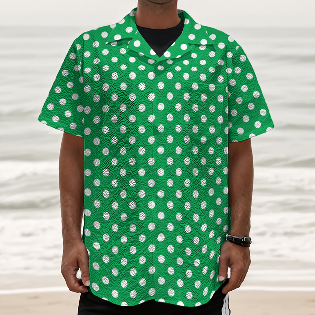 Green And White Polka Dot Pattern Print Textured Short Sleeve Shirt
