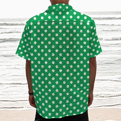 Green And White Polka Dot Pattern Print Textured Short Sleeve Shirt