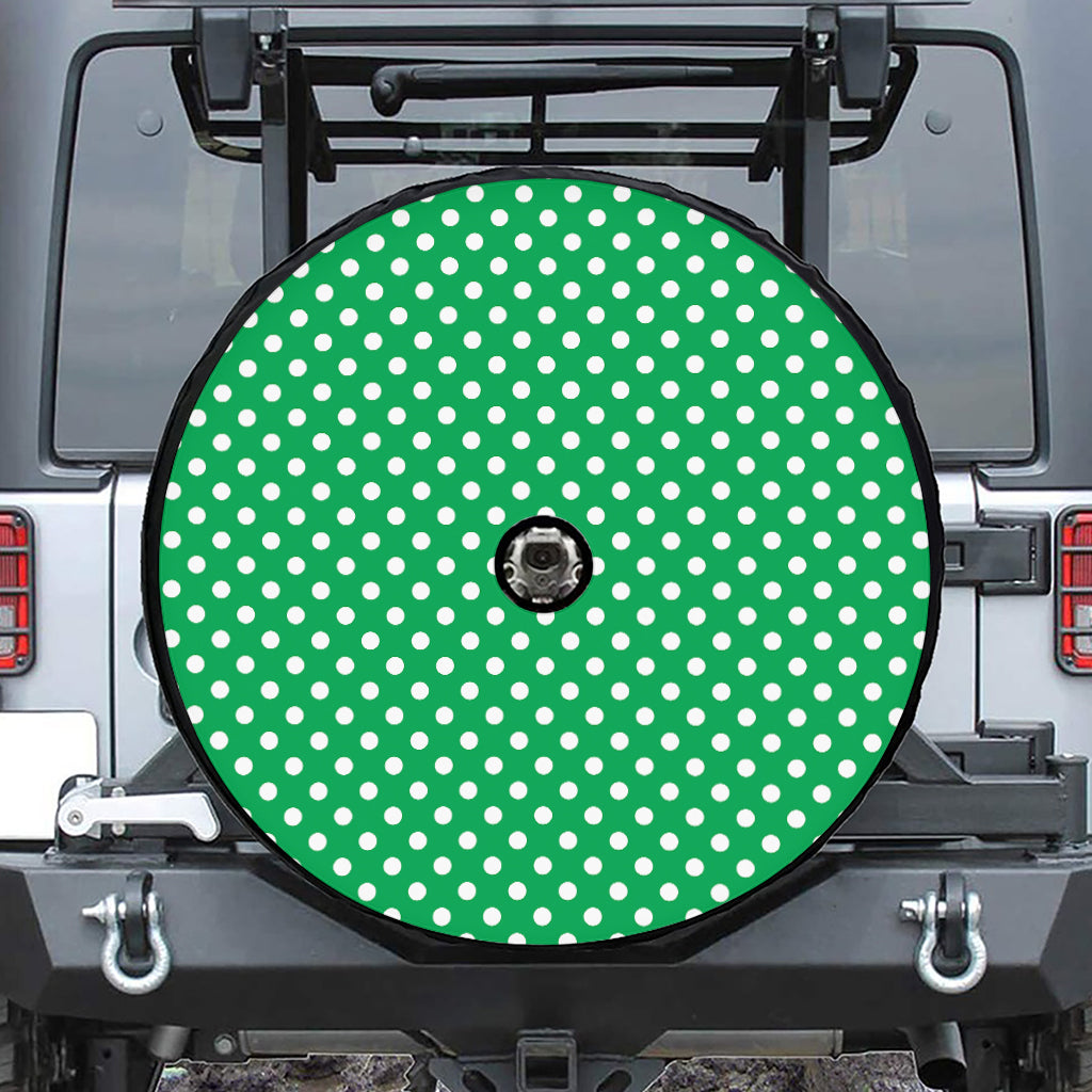 Green And White Polka Dot Pattern Print Tire Cover With Camera Hole