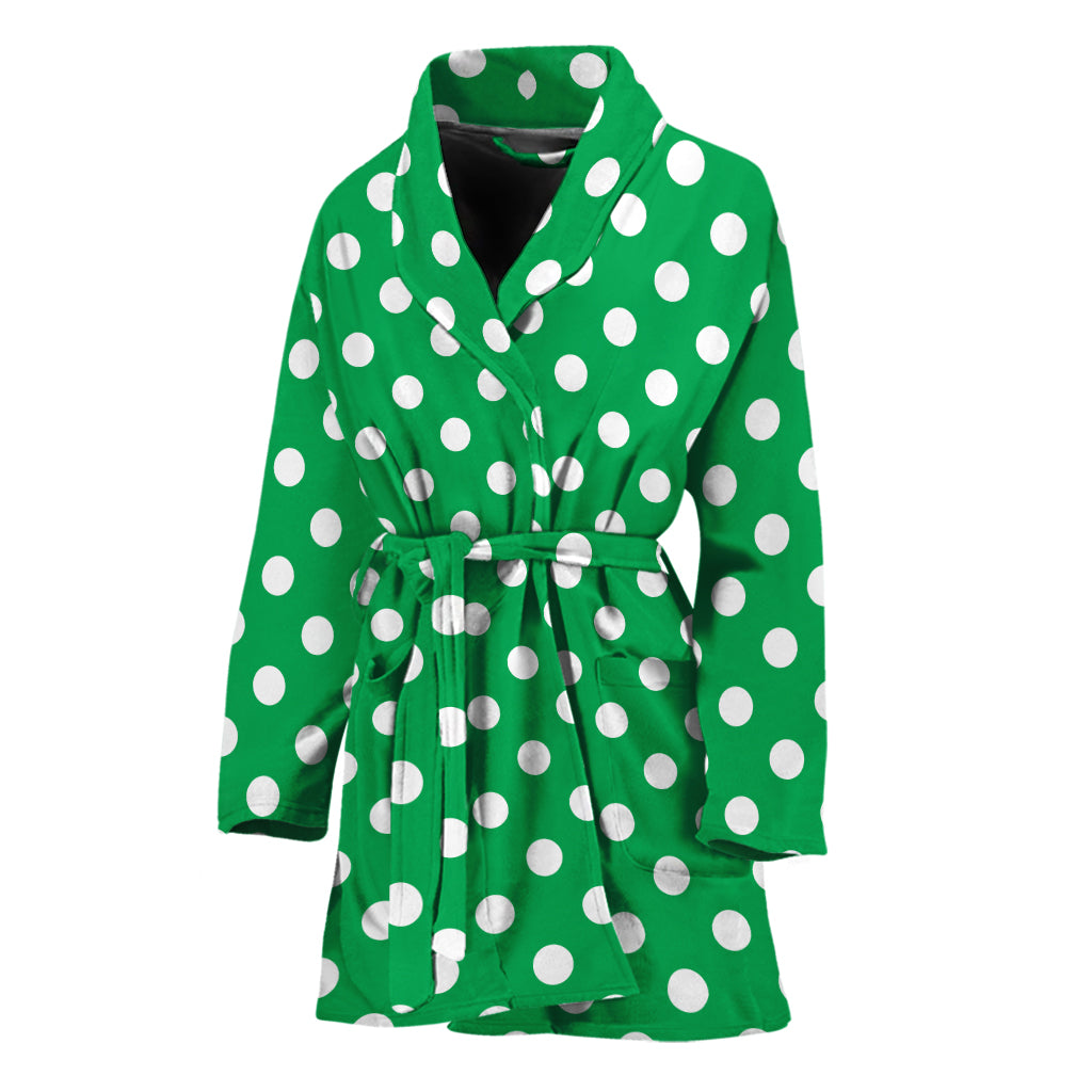 Green And White Polka Dot Pattern Print Women's Bathrobe