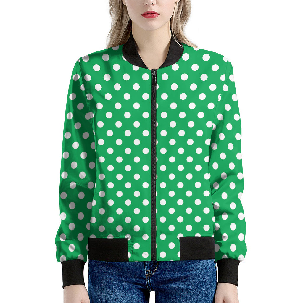 Green And White Polka Dot Pattern Print Women's Bomber Jacket