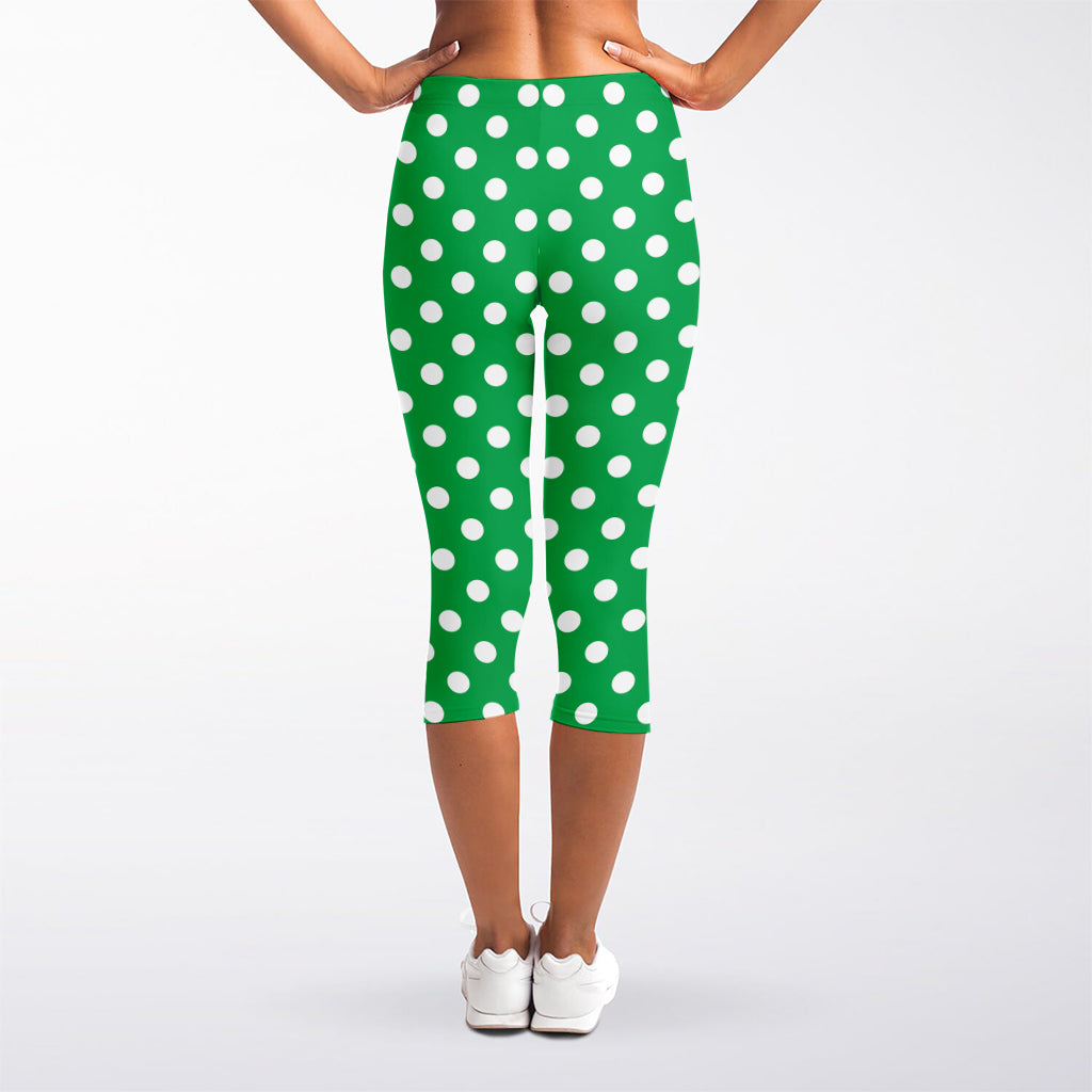 Green And White Polka Dot Pattern Print Women's Capri Leggings