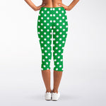 Green And White Polka Dot Pattern Print Women's Capri Leggings