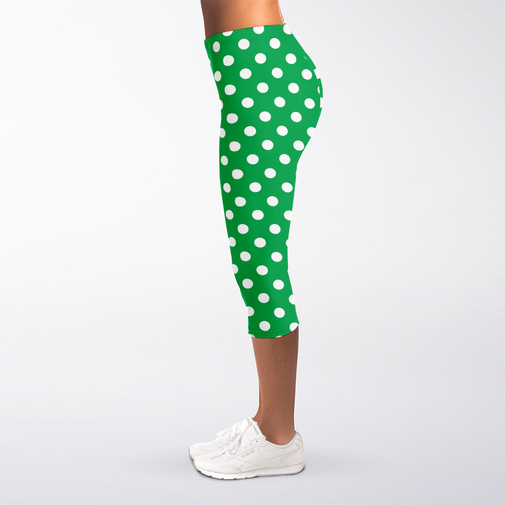 Green And White Polka Dot Pattern Print Women's Capri Leggings