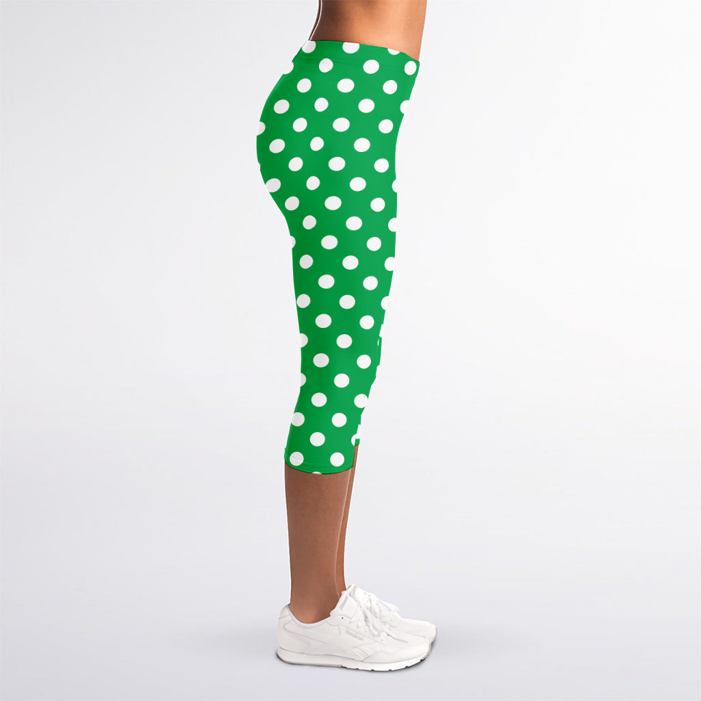 Green And White Polka Dot Pattern Print Women's Capri Leggings