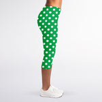 Green And White Polka Dot Pattern Print Women's Capri Leggings